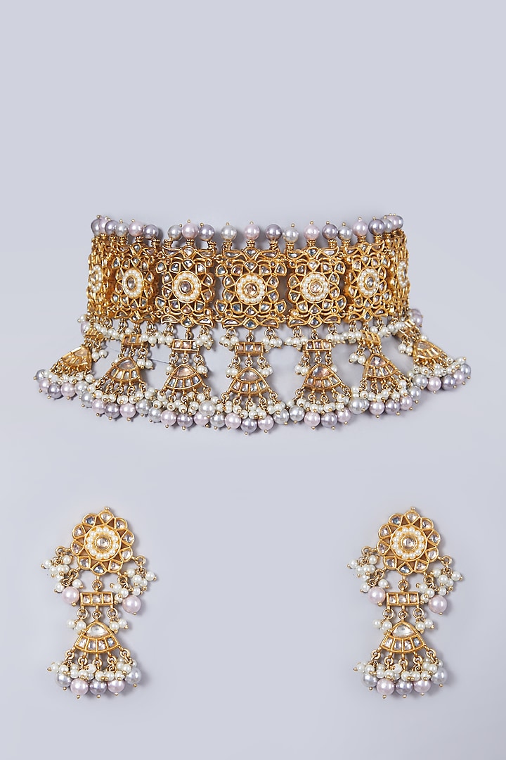 Gold Finish Kundan Polki Necklace Set by Preeti Mohan