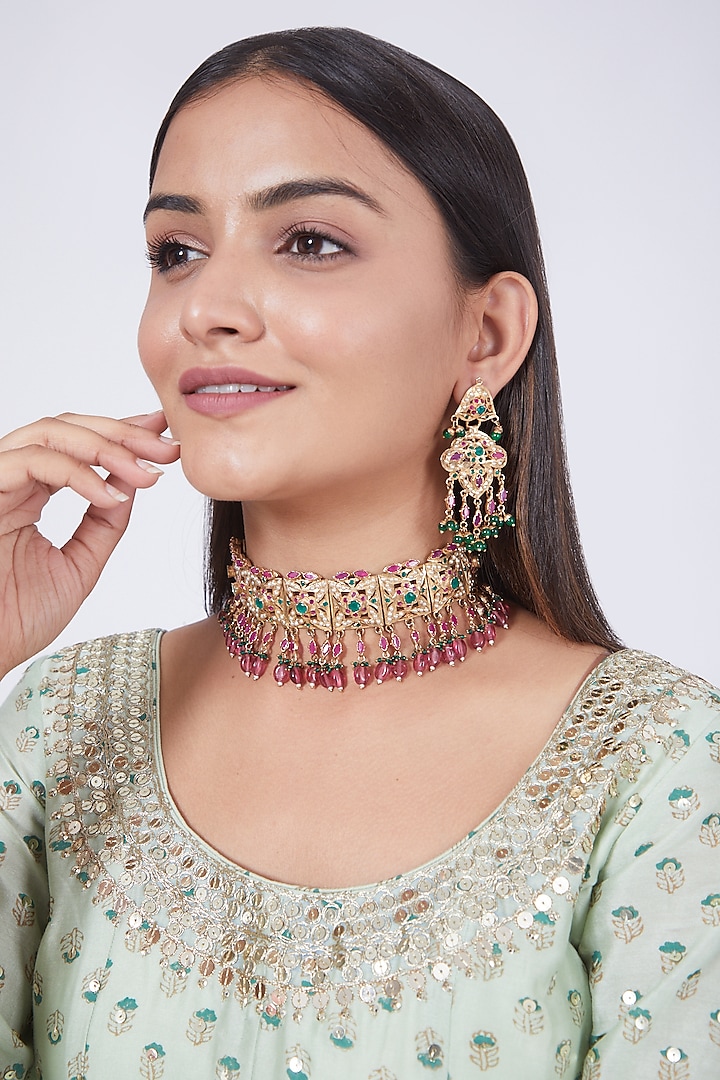 Gold Finish Jadau Choker Necklace Set by Preeti Mohan