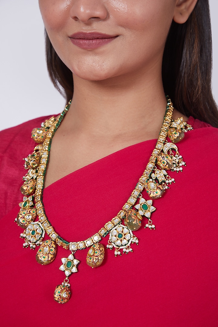 Gold Finish Kundan Polki Long Necklace by Preeti Mohan