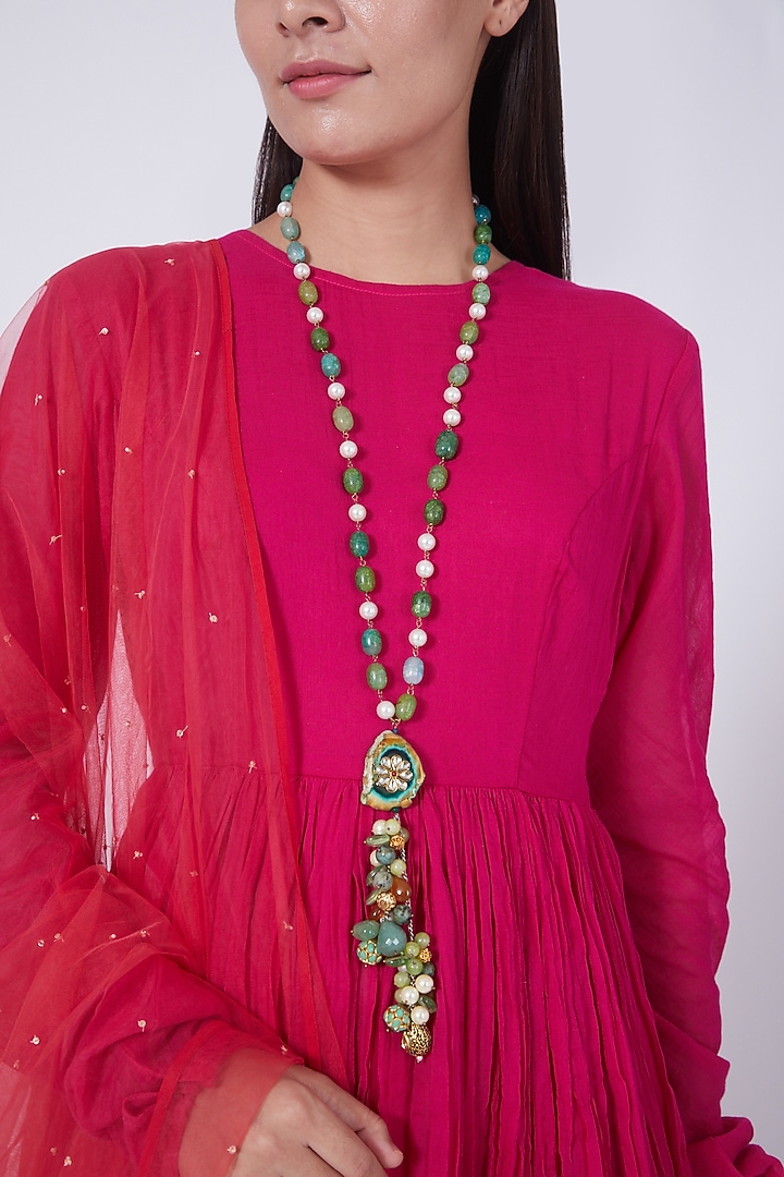 Gold Finish Mala With Green & White Beads by Preeti Mohan at Pernia's Pop Up Shop