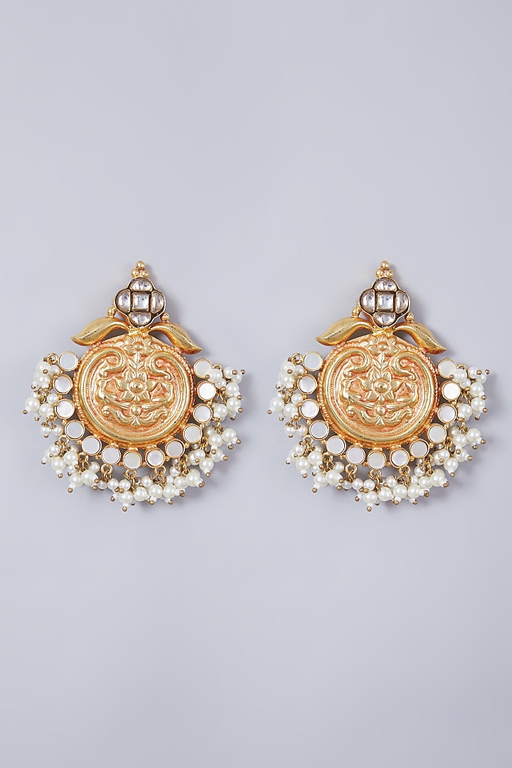 Gold Finish Kundan Polki Temple Earrings by Preeti Mohan