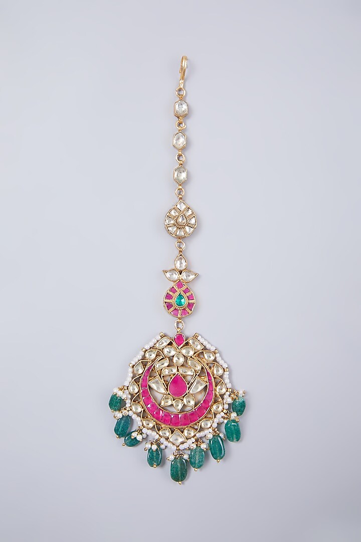 Gold Finish Kundan Polki & Ruby Maang Tikka by Preeti Mohan at Pernia's Pop Up Shop