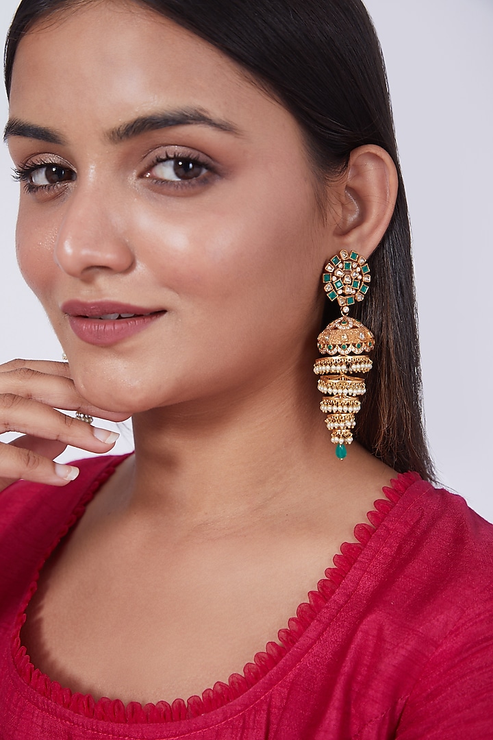 Gold Finish Kundan Polki & Green Onyx Jhumka Earrings by Preeti Mohan