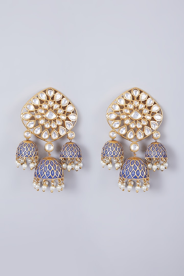 Gold Finish Jhumka Earrings With Kundan Polki by Preeti Mohan