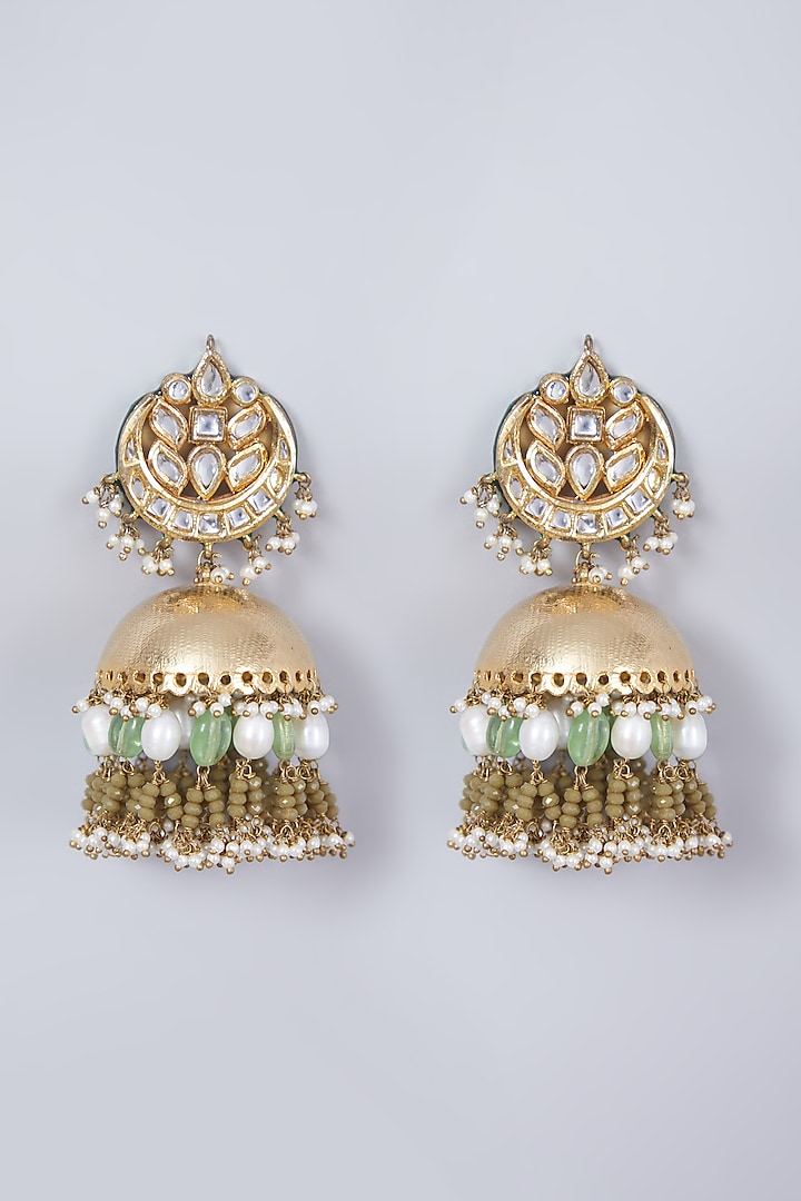Gold Finish Kundan Polki Jhumka Earrings  by Preeti Mohan