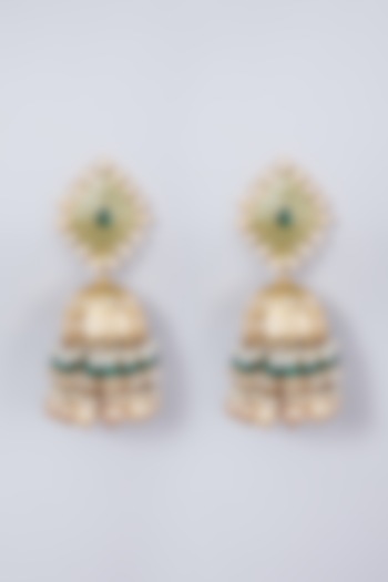 Gold Finish Kundan Jhumka Earrings by Preeti Mohan