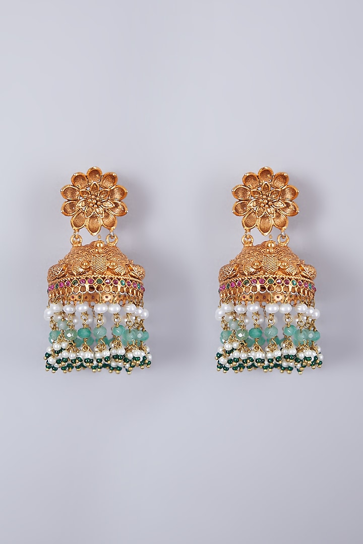 Gold Finish Mint Blue Beaded Temple Jhumka Earrings by Preeti Mohan