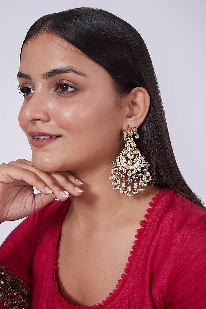 Gold Finish Kundan Polki Jhumka Earrings by Preeti Mohan