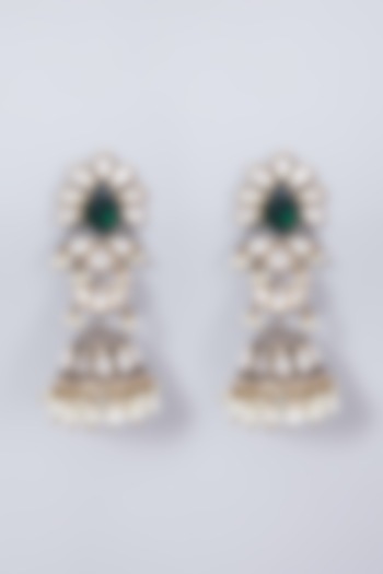 Gold Finish Green Onyx & Kundan Polki Jhumka Earrings by Preeti Mohan