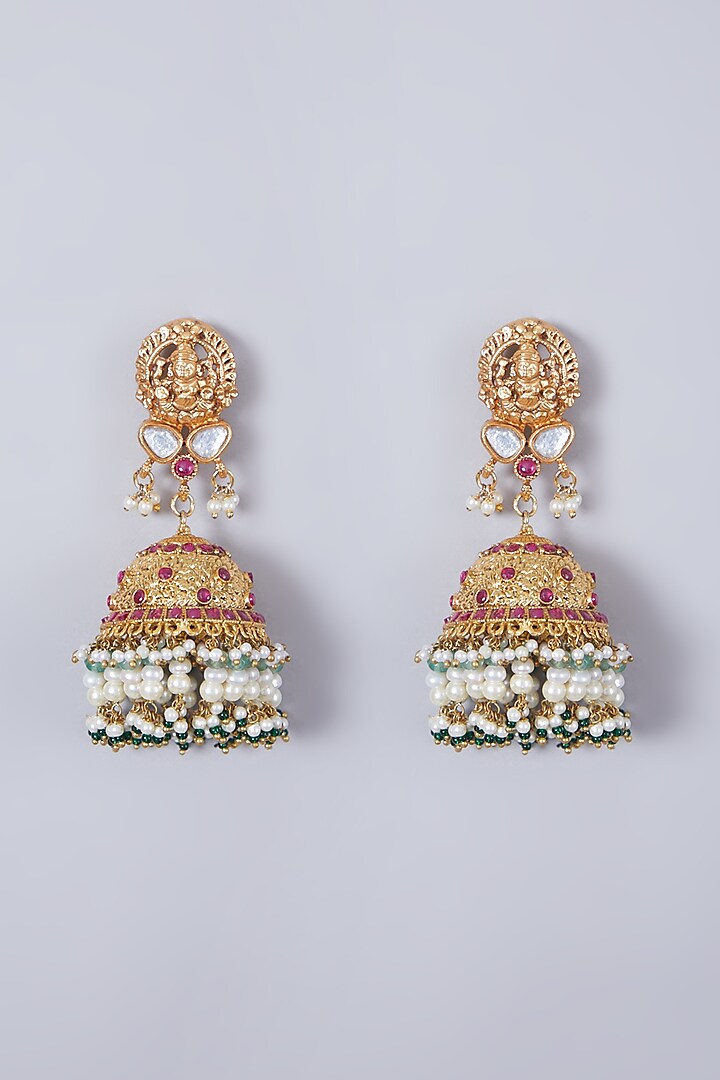 Gold Finish Kundan Polki & Ruby Jhumka Earrings by Preeti Mohan