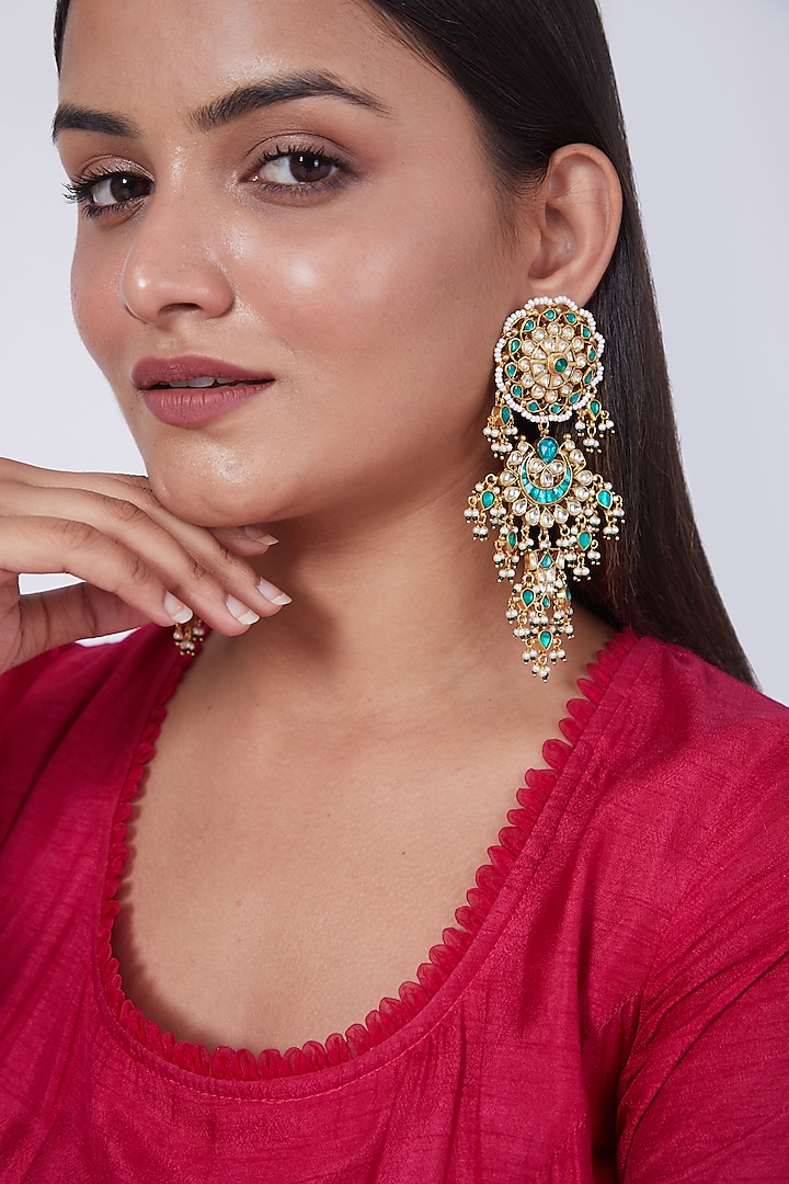 Gold Finish Kundan Polki & Green Onyx Earrings by Preeti Mohan