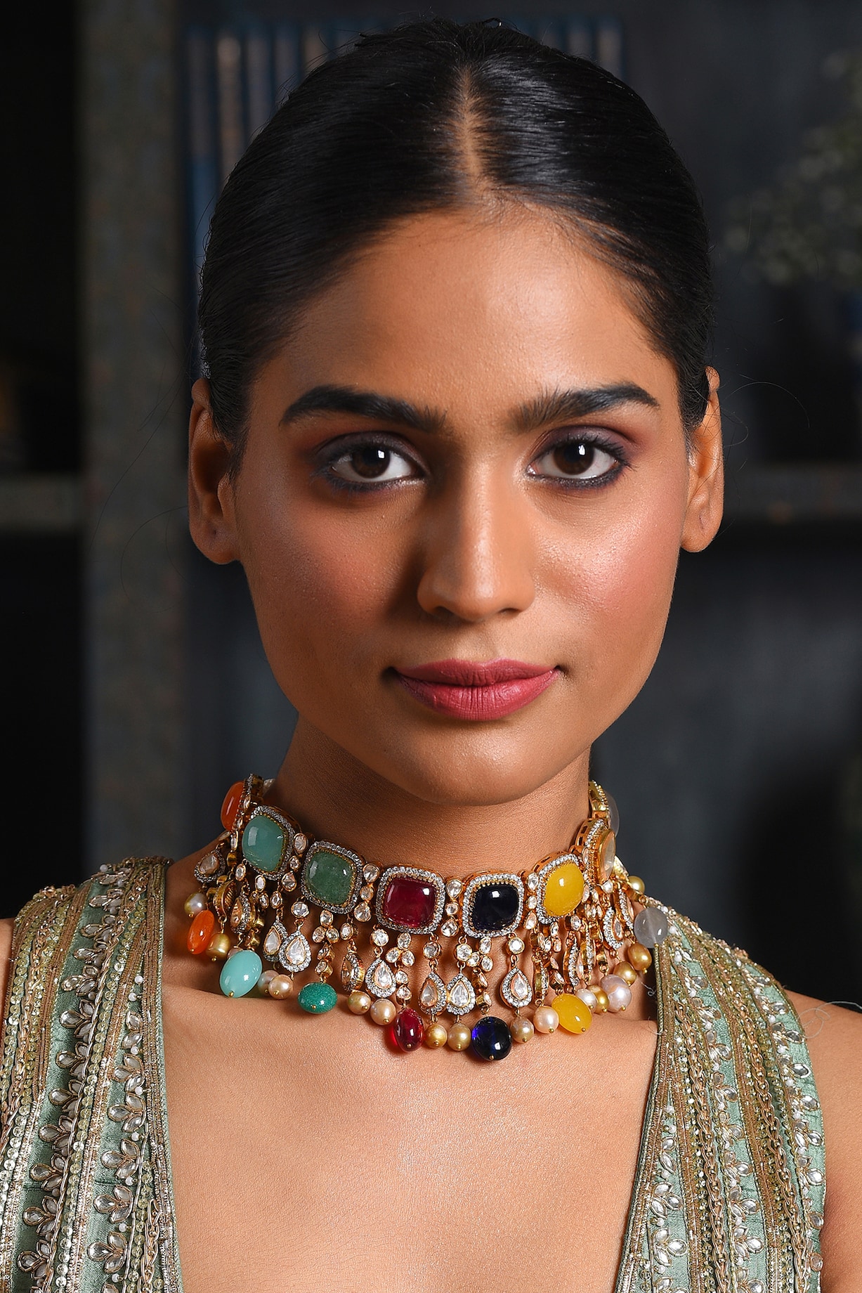 Gold Finish Moissanite Navratna Choker Necklace Set by Preeti