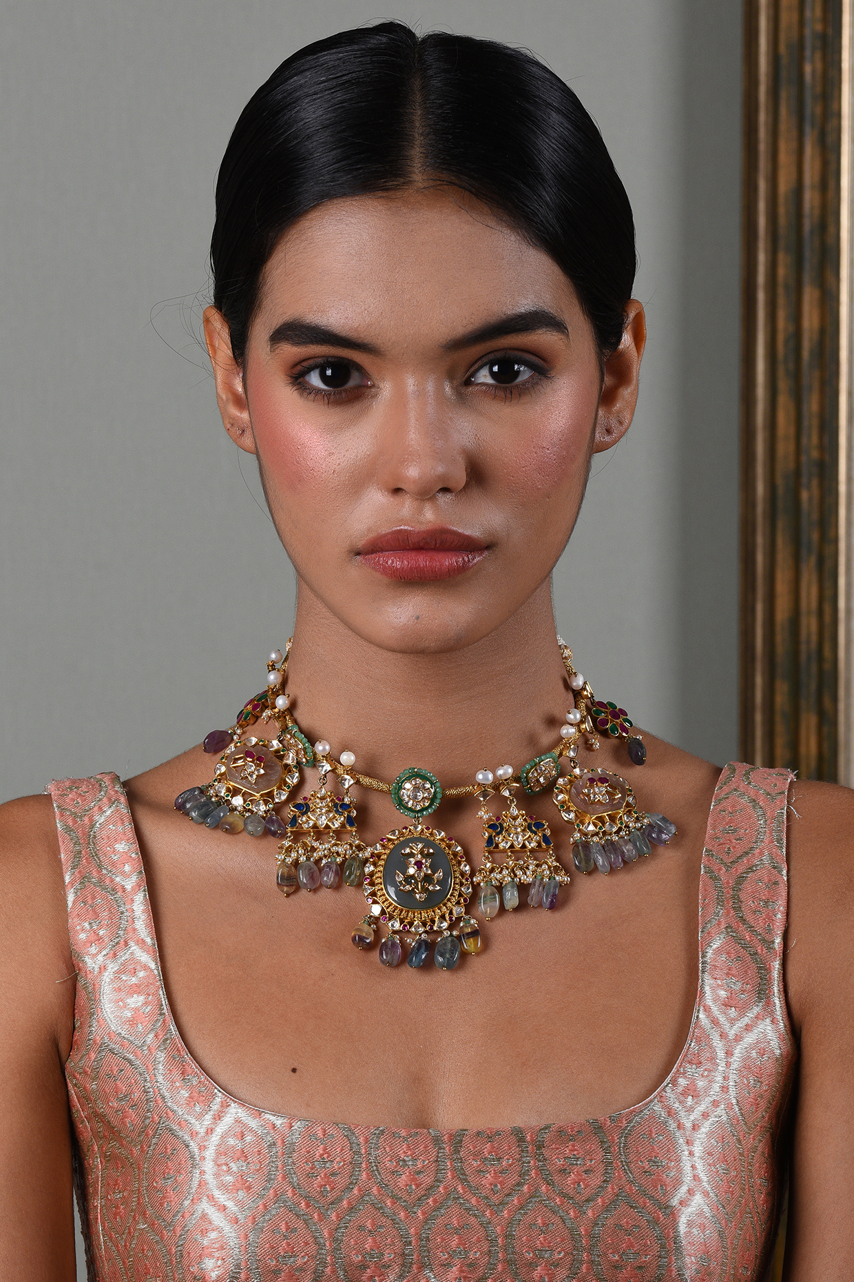 Gold Finish Moissanite & Multi-Colored Drop Choker Necklace by Preeti Mohan at Pernia's Pop Up Shop