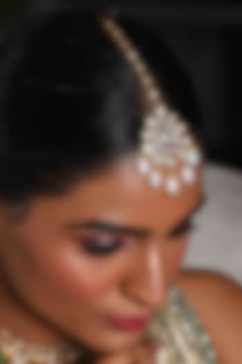 Gold Finish Moissanite & Pearl Maangtikka by Preeti Mohan at Pernia's Pop Up Shop