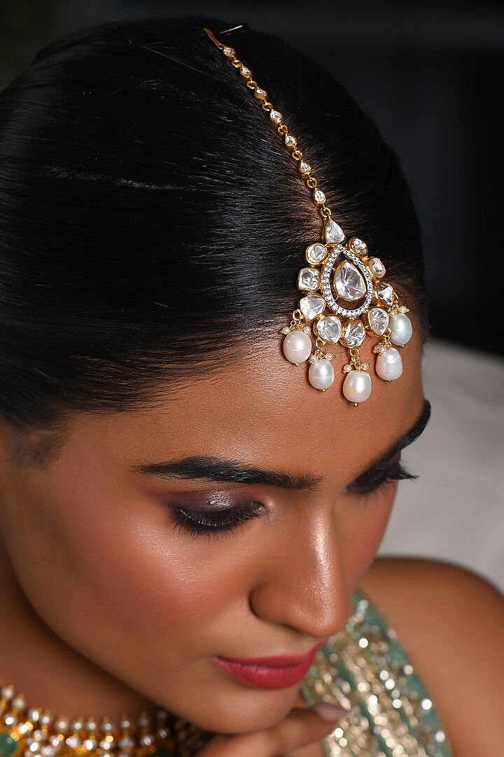 Gold Finish Moissanite & Pearl Maangtikka by Preeti Mohan at Pernia's Pop Up Shop