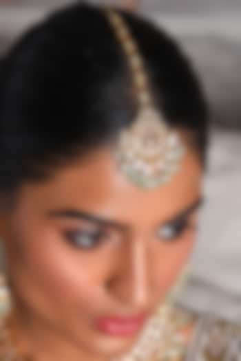 Gold Finish Moissanite & Pearl Maangtikka by Preeti Mohan at Pernia's Pop Up Shop