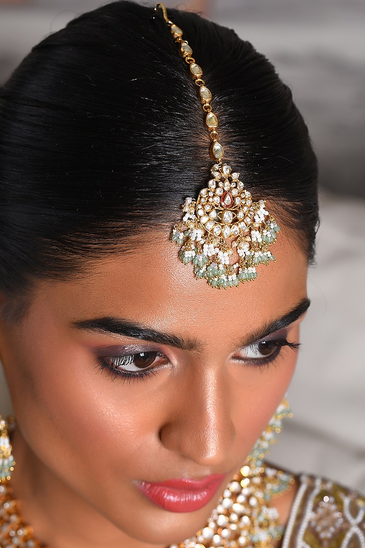 Gold Finish Moissanite & Pearl Maangtikka by Preeti Mohan at Pernia's Pop Up Shop