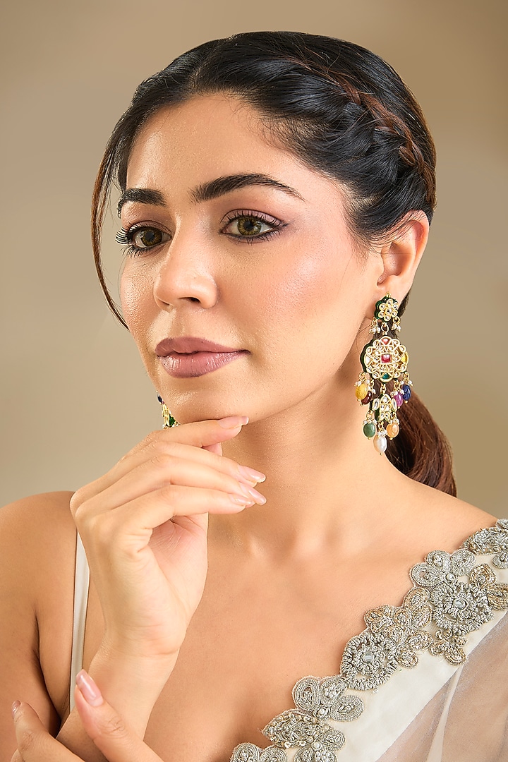 Gold Finish Kundan Polki & Multi-Colored Stone Dangler Earrings by Preeti Mohan at Pernia's Pop Up Shop