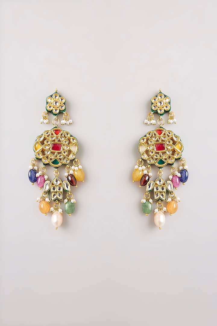 Gold Finish Kundan Polki & Multi-Colored Stone Dangler Earrings by Preeti Mohan at Pernia's Pop Up Shop
