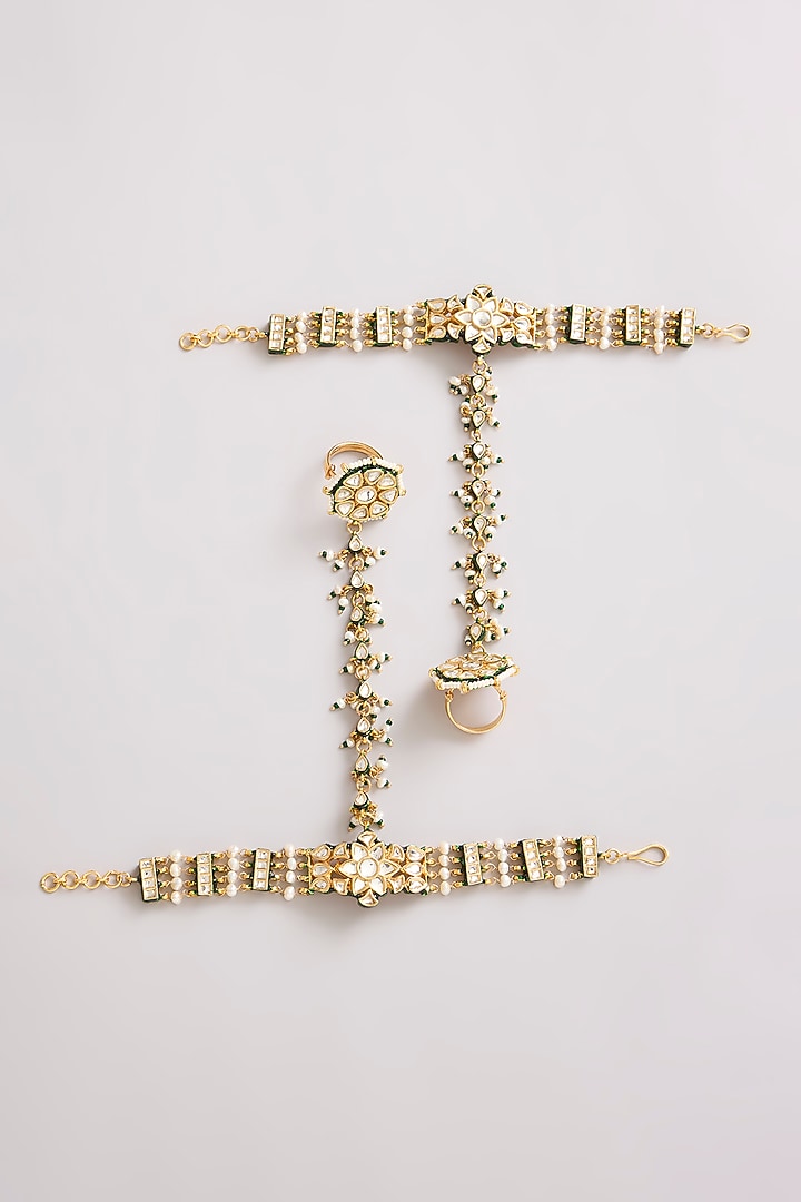 Gold Finish Kundan Polki & Seed Pearl Haathphool (Set Of 2) by Preeti Mohan at Pernia's Pop Up Shop