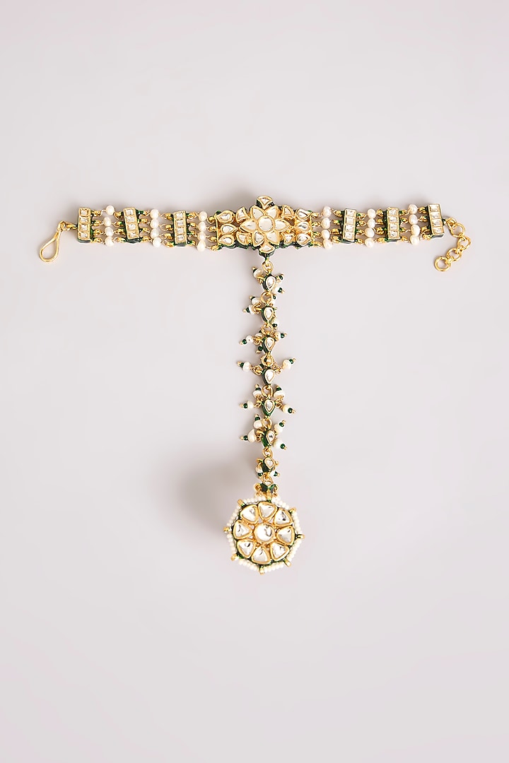 Gold Finish Kundan Polki & Seed Pearl Haathphool (Set Of 2) by Preeti Mohan at Pernia's Pop Up Shop