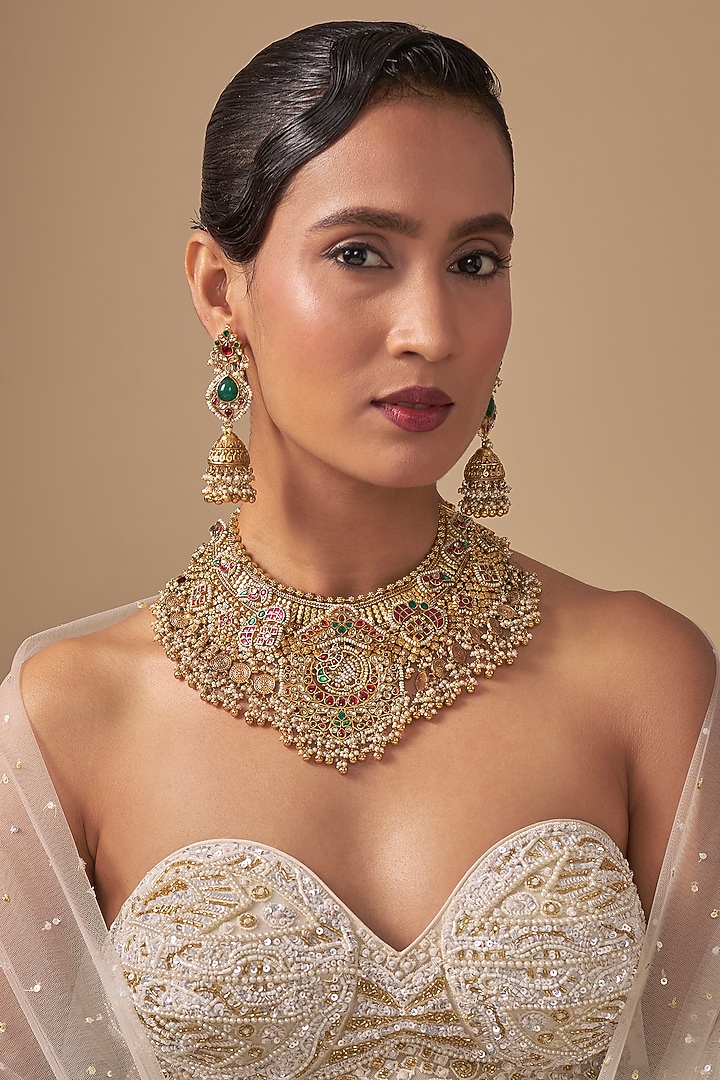 Gold Finish Kundan Polki Necklace Set by Preeti Mohan at Pernia's Pop Up Shop