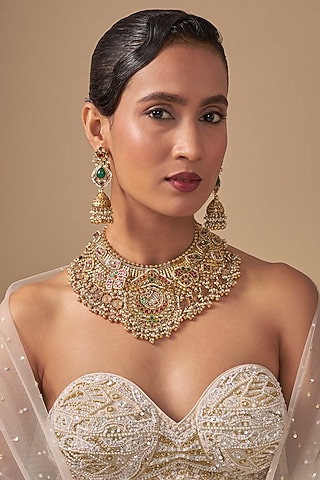 Gold Finish Kundan Polki Necklace Set by Preeti Mohan