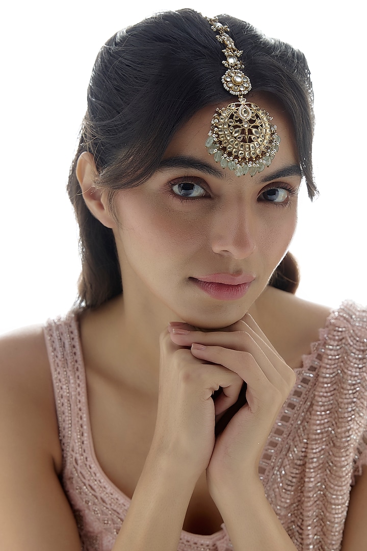 Gold Finish Kundan Polki & Pearl Maangtikka by Preeti Mohan at Pernia's Pop Up Shop