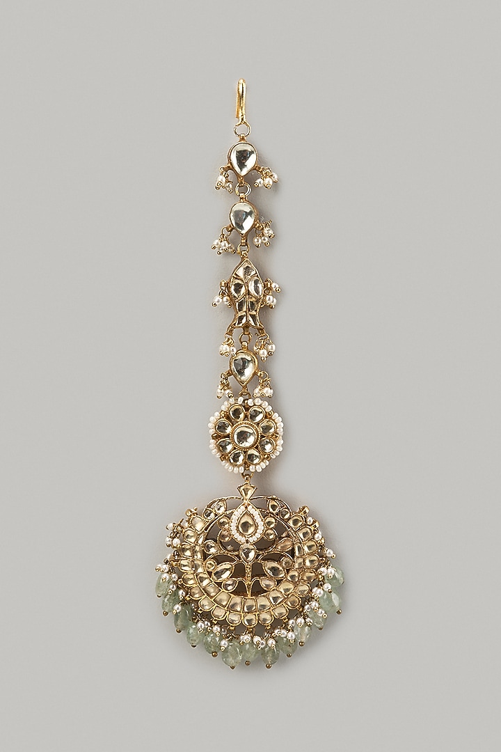 Gold Finish Kundan Polki & Pearl Maangtikka by Preeti Mohan at Pernia's Pop Up Shop
