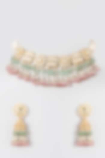 Gold Finish Pink & Green Kundan Choker Necklace by Preeti Mohan