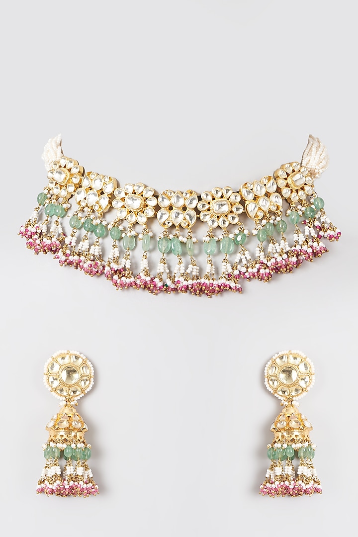 Gold Finish Pink & Green Kundan Choker Necklace by Preeti Mohan