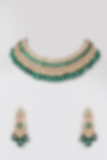 Gold Finish Green Onyx Drops Choker Necklace Set by Preeti Mohan