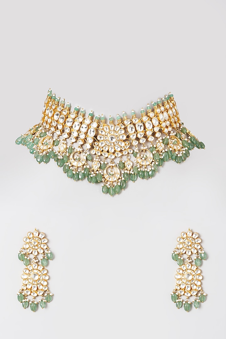 Gold Finish Mint Green Onyx Drop Necklace Set by Preeti Mohan