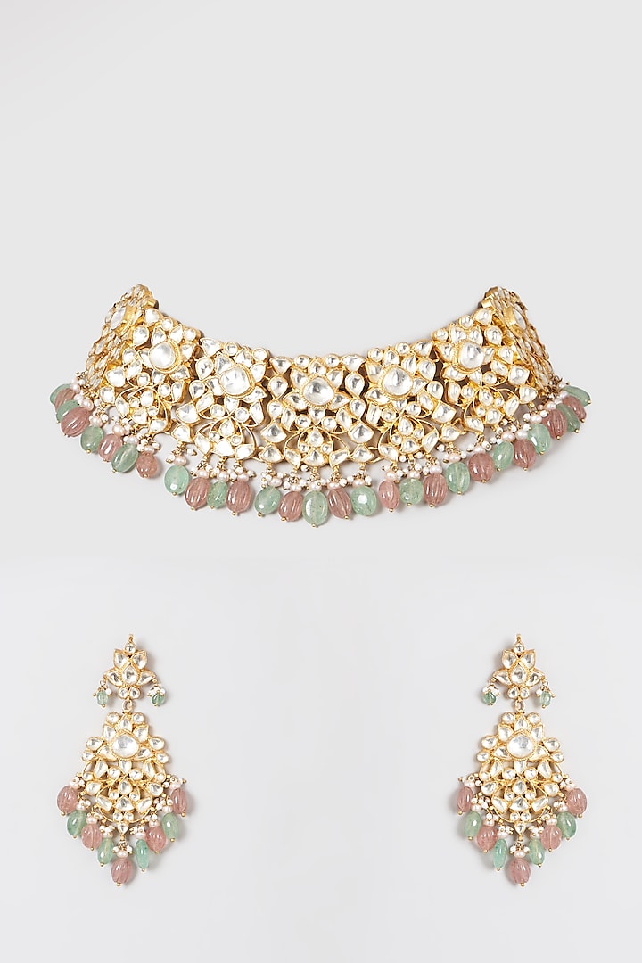 Gold Finish Mint Green & Pink Drop Choker Necklace Set by Preeti Mohan