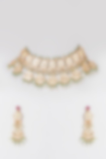 Gold Finish Kundan Polki & Mint Green Onyx Drop Necklace Set by Preeti Mohan