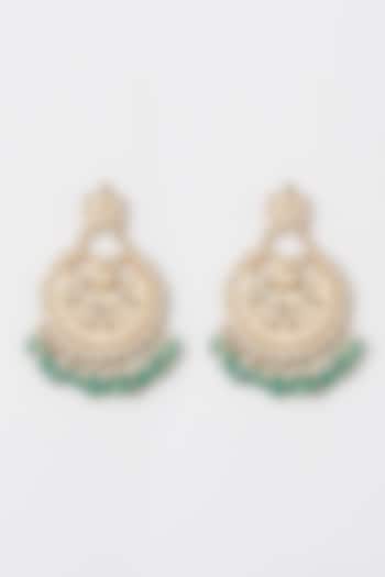 Gold Finish Mint Green Onyx Drop Chandbali Earrings by Preeti Mohan