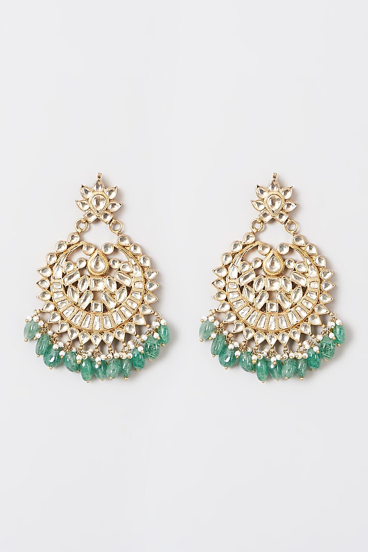 Gold Finish Mint Green Onyx Drop Chandbali Earrings by Preeti Mohan