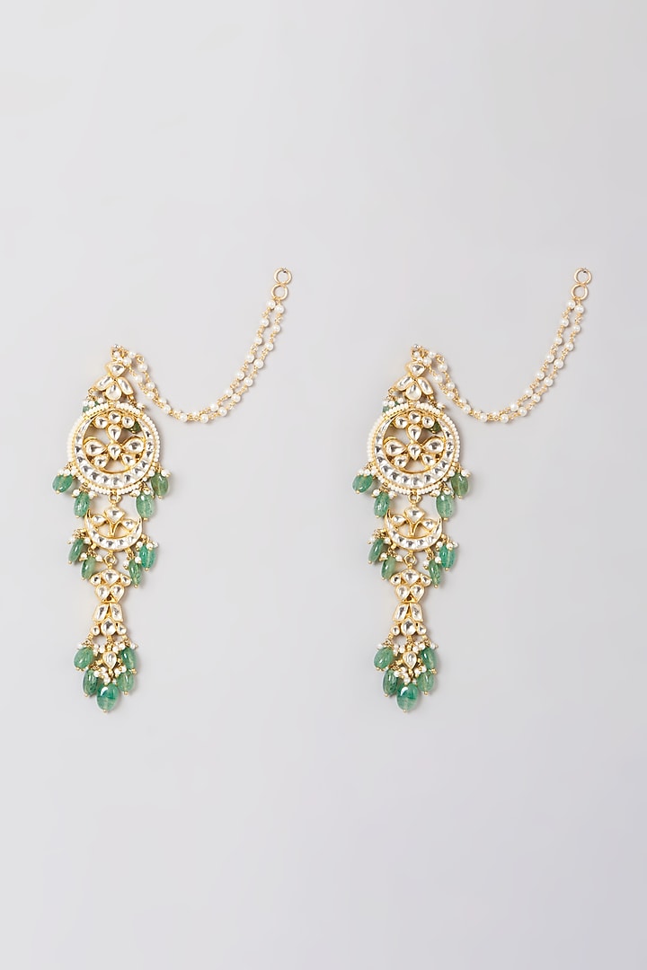 Gold Finish Green Onyx & Kundan Polki Earrings by Preeti Mohan at Pernia's Pop Up Shop