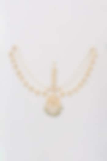 Gold Finish Pearl & White Kundan Polki Mathapatti by Preeti Mohan at Pernia's Pop Up Shop