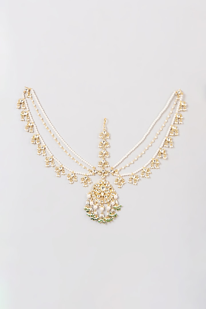 Gold Finish Pearl & White Kundan Polki Mathapatti by Preeti Mohan at Pernia's Pop Up Shop