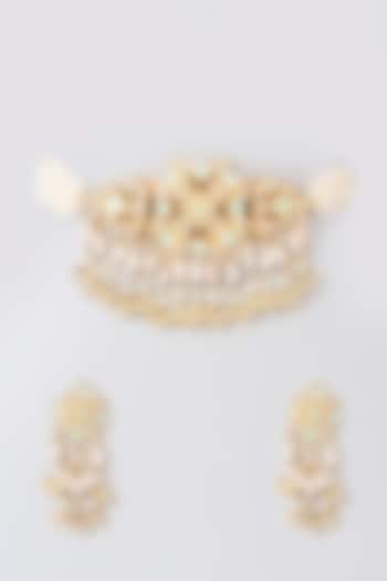 Gold Finish Mint Kundan Polki Choker Necklace Set by Preeti Mohan at Pernia's Pop Up Shop