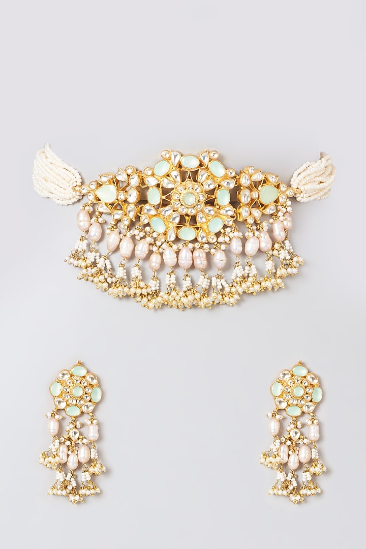 Gold Finish Mint Kundan Polki Choker Necklace Set by Preeti Mohan at Pernia's Pop Up Shop
