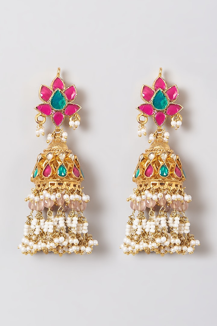 Gold Finish Green Kundan Polki Jhumkas by Preeti Mohan at Pernia's Pop Up Shop