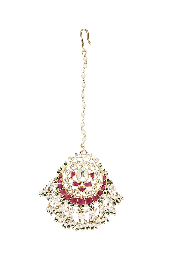 Gold Finish Kundan Polki & Green Onyx Pearl Maangtikka by Preeti Mohan at Pernia's Pop Up Shop