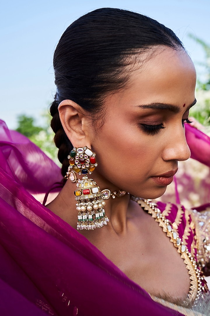 Gold Finish Navratna & Pearl Jhumka Earrings by Preeti Mohan at Pernia's Pop Up Shop