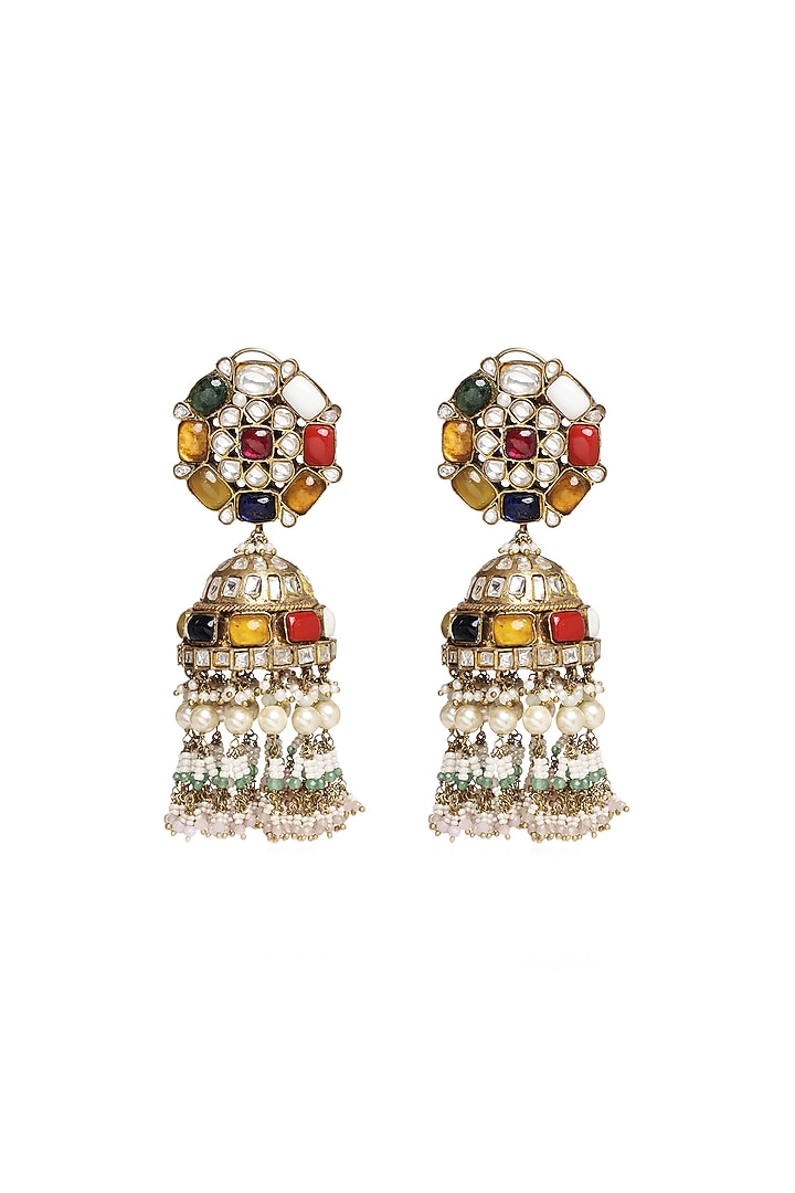 Gold Finish Navratna Stone & Pearl Jhumka Earrings by Preeti Mohan at Pernia's Pop Up Shop