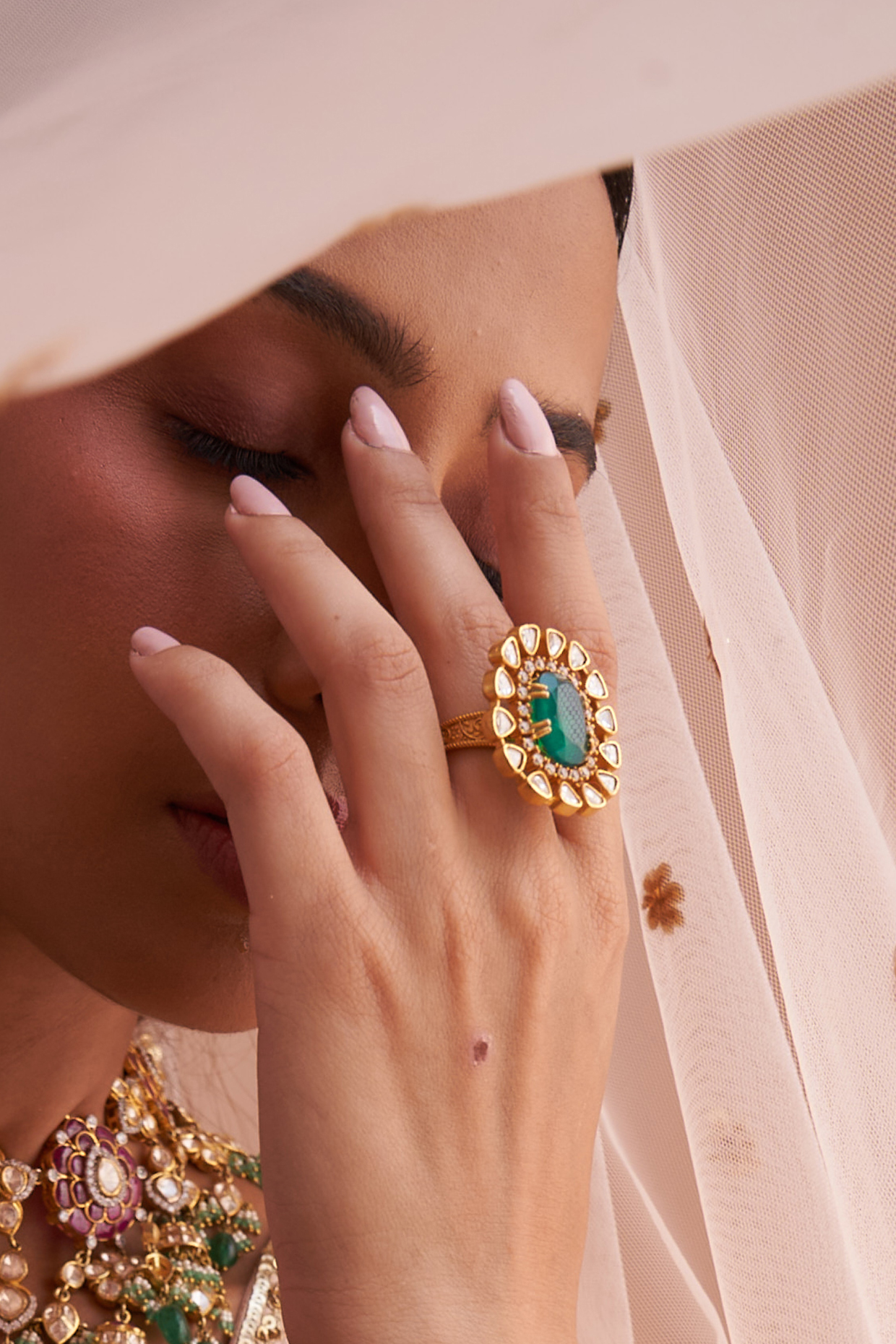 Gold Finish Moissanite Polki Ring by Preeti Mohan at Pernia's Pop Up Shop