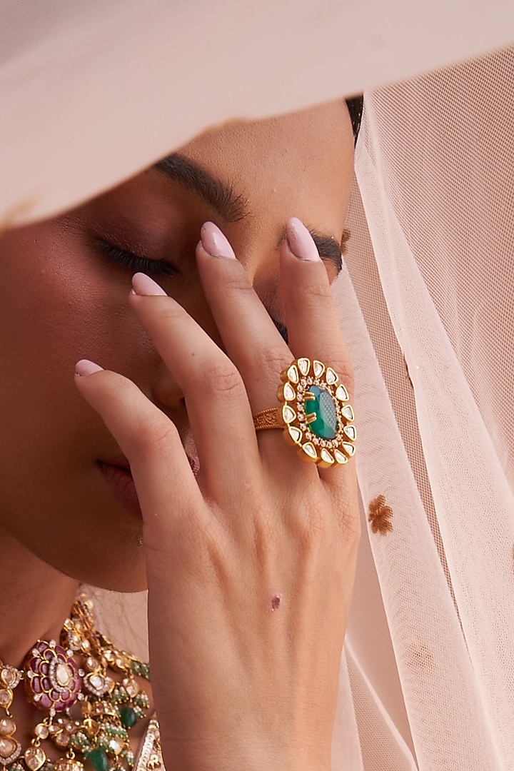 Gold Finish Moissanite Polki Ring by Preeti Mohan at Pernia's Pop Up Shop