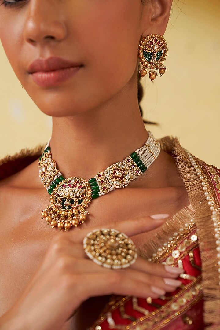 Gold Finish Kundan Polki Necklace Set by Preeti Mohan at Pernia's Pop Up Shop