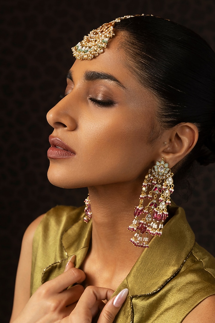 Gold Finish Pink Tourmaline Drop & Kundan Polki Dangler Earrings by Preeti Mohan at Pernia's Pop Up Shop